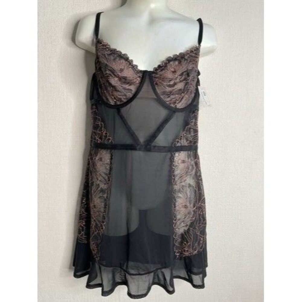 NWT Auden Pink Trim Underwired Sheer Babydoll Chemise Short Dress Women Size M